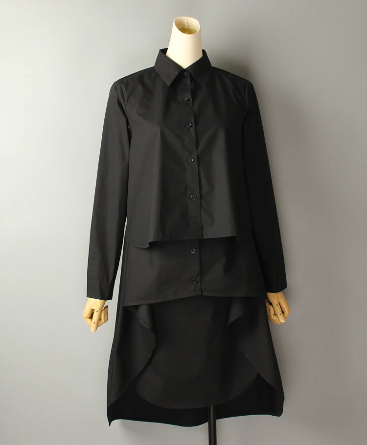 DEAT] Лето, новинка, отложной воротник, длинный рукав, ассиметричный, большой размер, высокое качество, рубашка, топ, свободная, трендовая, женская блузка QH324 - Цвет: black