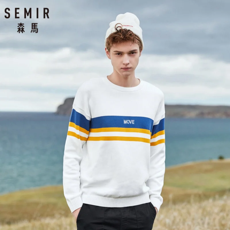 SEMIR для мужчин 100% хлопок цвет блок ребра вязаный свитер вышитые мужской свитер, пуловер трикотажная резинка на вырезе манжеты и низ для зимы