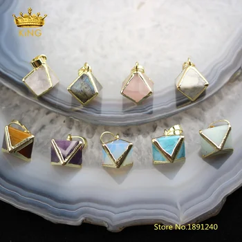 

9 Stones choice,10pcs Pyramid Shape Natural Stone Faceted Cone Pendants Jewelry,Plated Gold Copper Bails Small Charms Bulk HS13