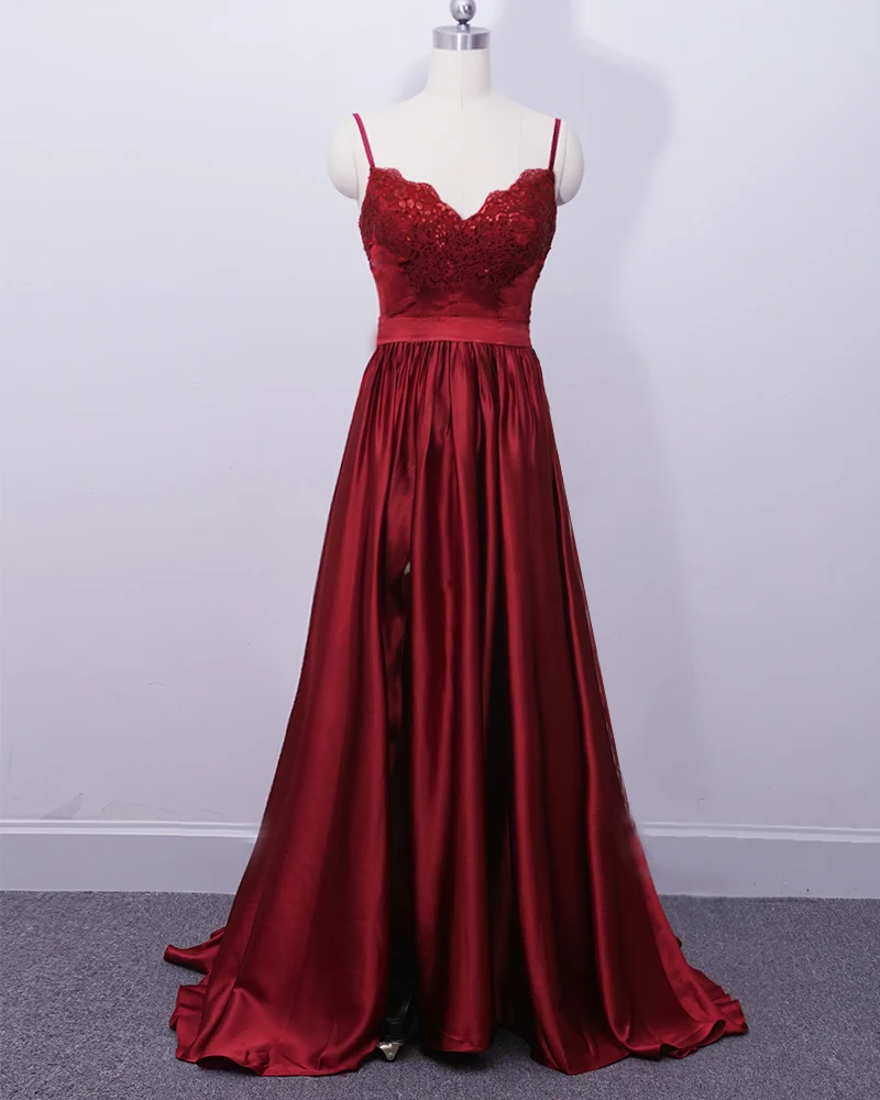 

Spaghetti Burgundy Long Prom dress with Lace Appliqued Gown PL6214