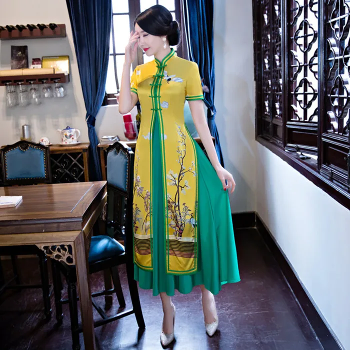 Новинка Ципао длинное платье Чонсам из двух частей китайское традиционное платье размера плюс Летнее цветочное винтажное платье восточные халаты - Цвет: Color 5