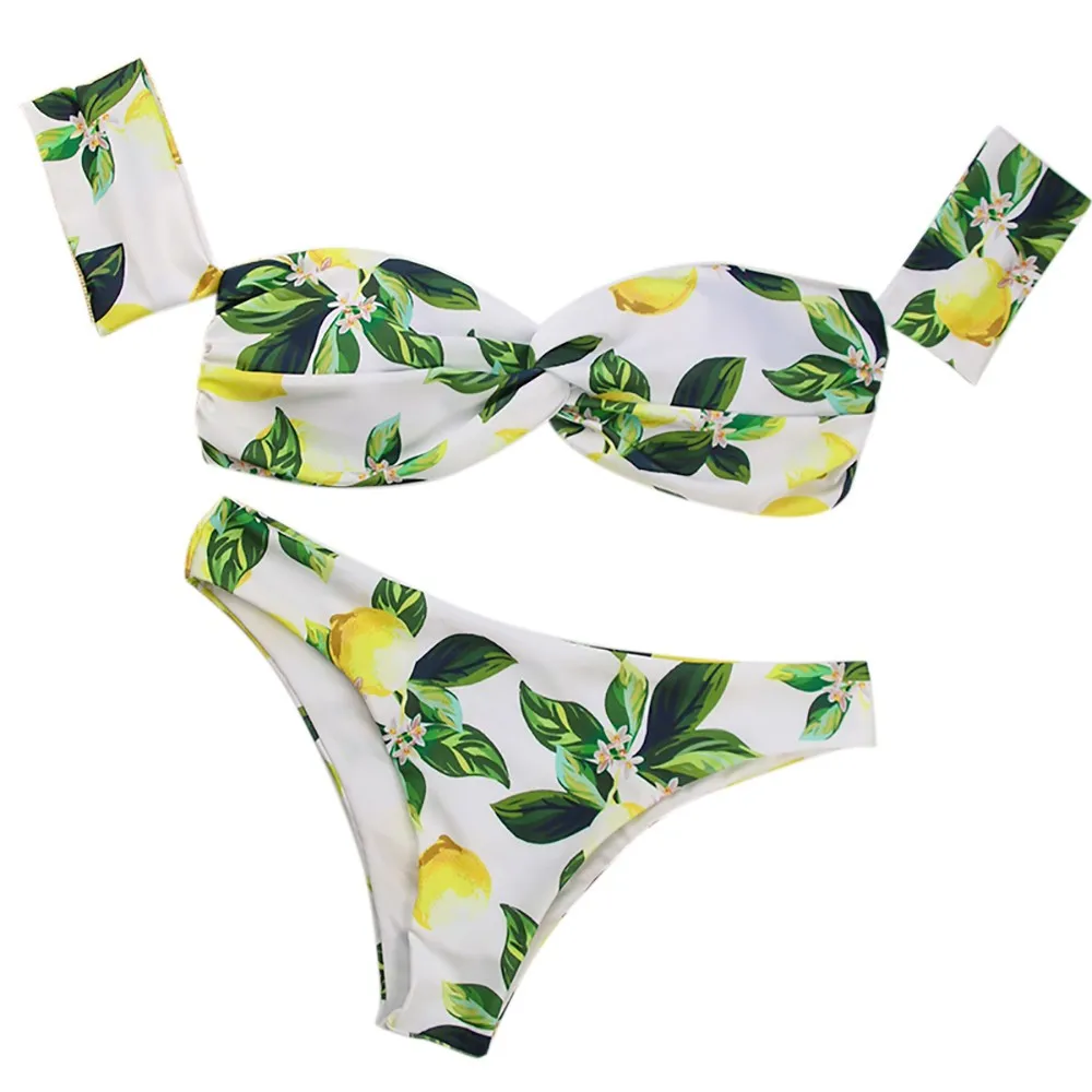

2018 Women's word collar lemon print short-sleeved bikini split swimsuit 2 piece set women swimming suit Y-NEW