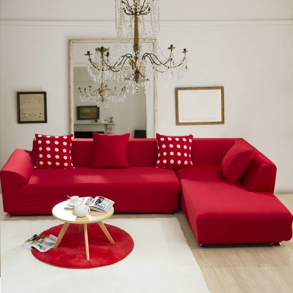Red solid color elastic corner sofa cover for living room