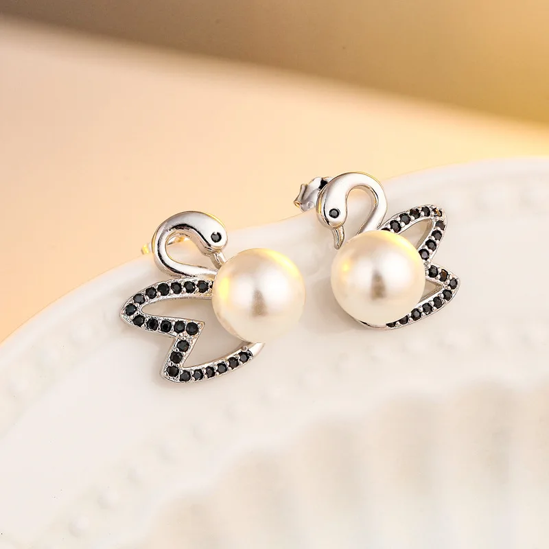 

Fashion Jewelry & Accessories ,Earrings, Stud Earrings,Black swan earrings, set with zircon temperament with pearl earrings