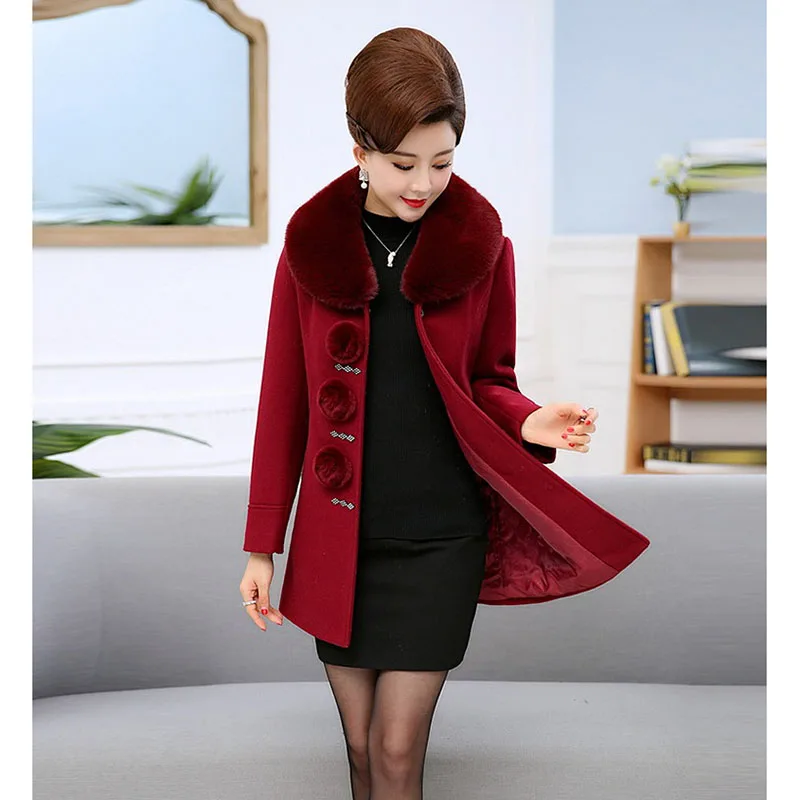 Boutique Womens winter new wool coat high-end fashion thickening warm jacket middle-aged large size Fur collar trench coatOKXGNZ