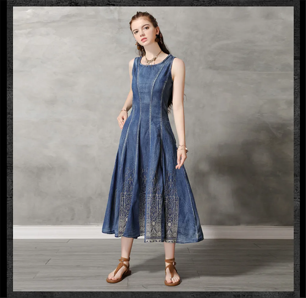 Vintage Summer Cotton Denim Dress 2019 Women's Dresses Sundress Embroidery O-Neck Vestido Women Tank Dress Sleeveless Dresses (14)