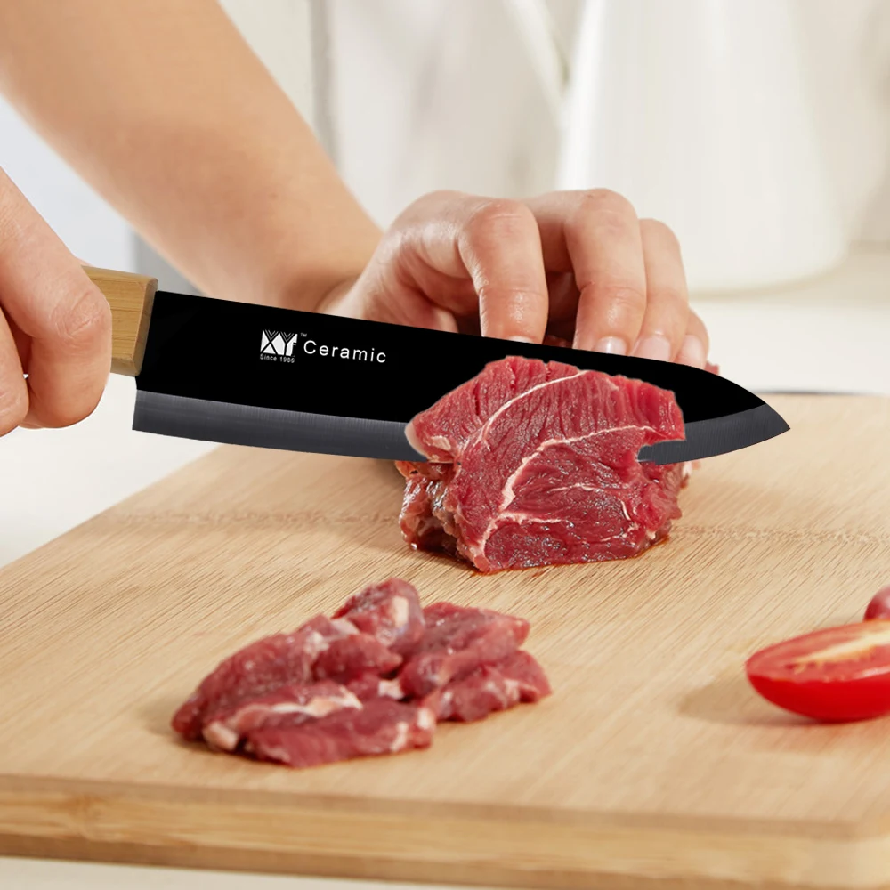Ceny XYj 5 sztuk nóż ceramiczny zestaw bambusa uchwyt czarny Blade wygodny uchwyt noże kuchenne darmowa obejmuje gadżety kuchenne akcesoria