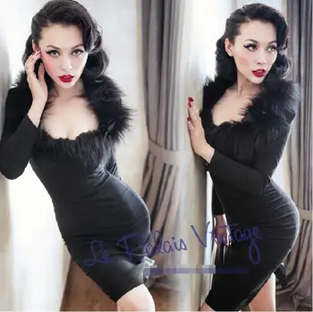 

le palais Retro elegant luxury fur collar low-cut tight dress cotton stretch bag hip Slim sexy retro temperament dress