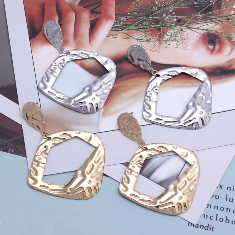 

EK451 European Big Metal Exaggerated Earring Vintage Irregular Abstract Hollow Geometric Square Drop Earrings Female Jewelry