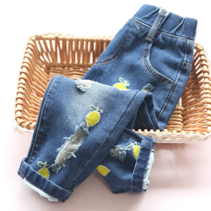 Весенне-осенние детские брюки с вышивкой лимона и вишни джинсы для девочек