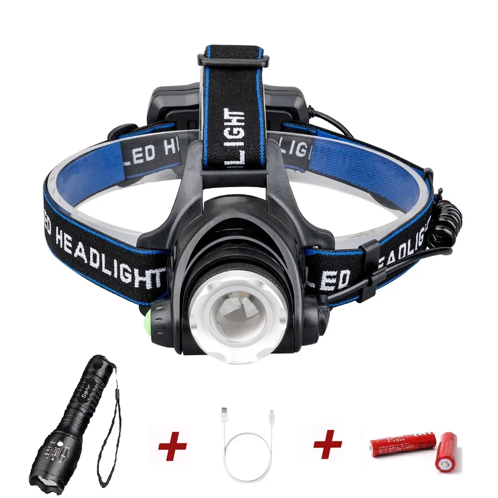 

LED Tactical Headlamp 3800LM Headlight XML T6 USB Charging 18650 Head Lights Headlamps + Mini T6 LED Flashlight Zoomable Torch