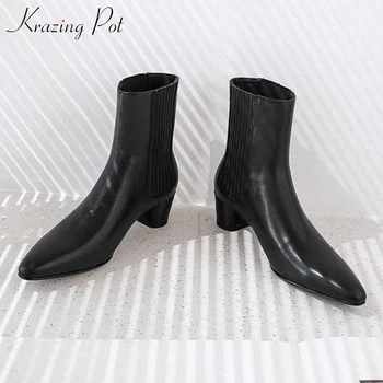 

Krazing pot new genuine leather med heels Winter pointed toe oriental design fashion office lady slip on fashion ankle boots l95