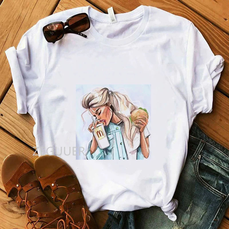 

Vogue Girl T-Shirt 100% Cotton Casual Women T-Shirts Soft White Tees Summer I Love Cola and Hamburger Illustration Lady T-Shirt