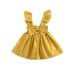 Летние хлопковые платья для маленьких девочек Одна Деталь розовый детская одежда, платья бабочка узел желтый Костюмы Нарядные платья для