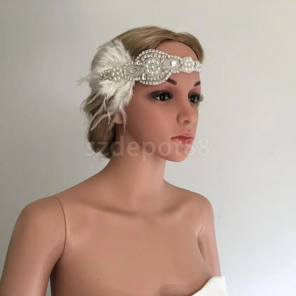 

Pearl Feather 1920s Flapper Headpiece Wedding Elastic Headband Ascot Race