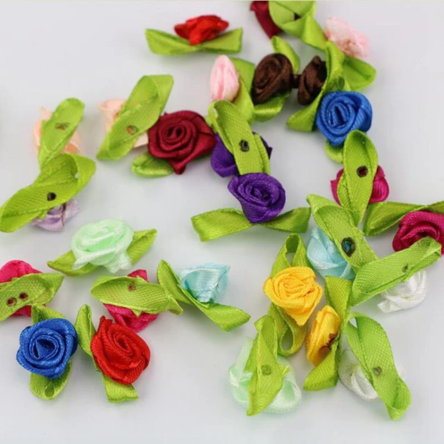50pcs 2cm Handmade Mini Satin Ribbon Bows Roses Flowers with Green