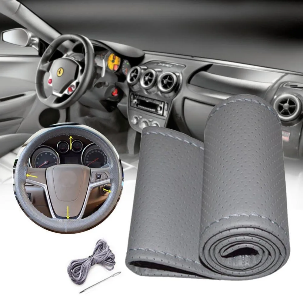 

Auto Steering Wheel Cover With Needles and Thread DIY Hand Gray Steering Wheel Cover High Quanlity Steering Covers