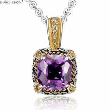 

Vintage Jewelry Golden around Square Purple Quartz Stone 925 Sterling Silver Pendant for women casual clothes P0458