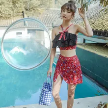 Двухсекционная юбка женский летний купальник милый цветочный принт кружевной бант Двухсекционный купальник