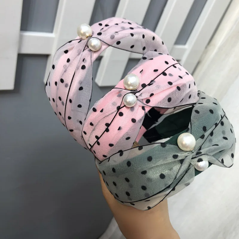 

Cute Polka Dot Pearl Mesh Hair Bands For Women Wide Side Solid Colors Hair Knotted Girls Headband Peal Headwear Female Headdress