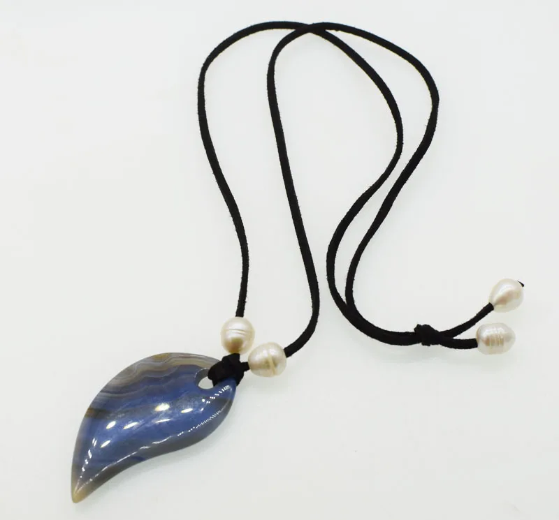 

blue veins drop agate 18inch pendant 35*65mm white pearl necklace FPPJ wholesale beads nature