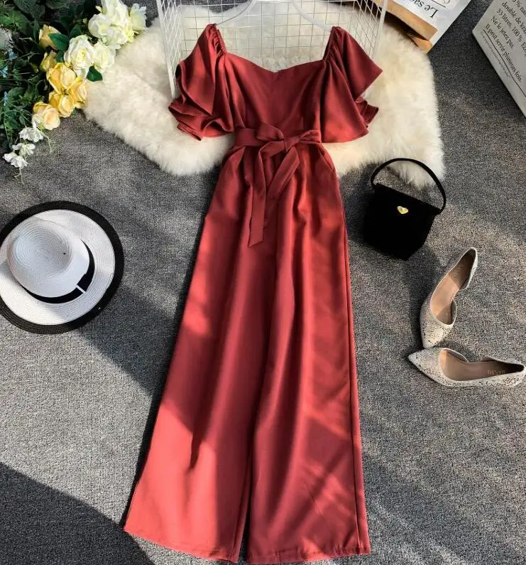 

Women's spring summer slash neck Playsuits Lady's fashion high waist Wide leg pants Jumpsuits TB1315