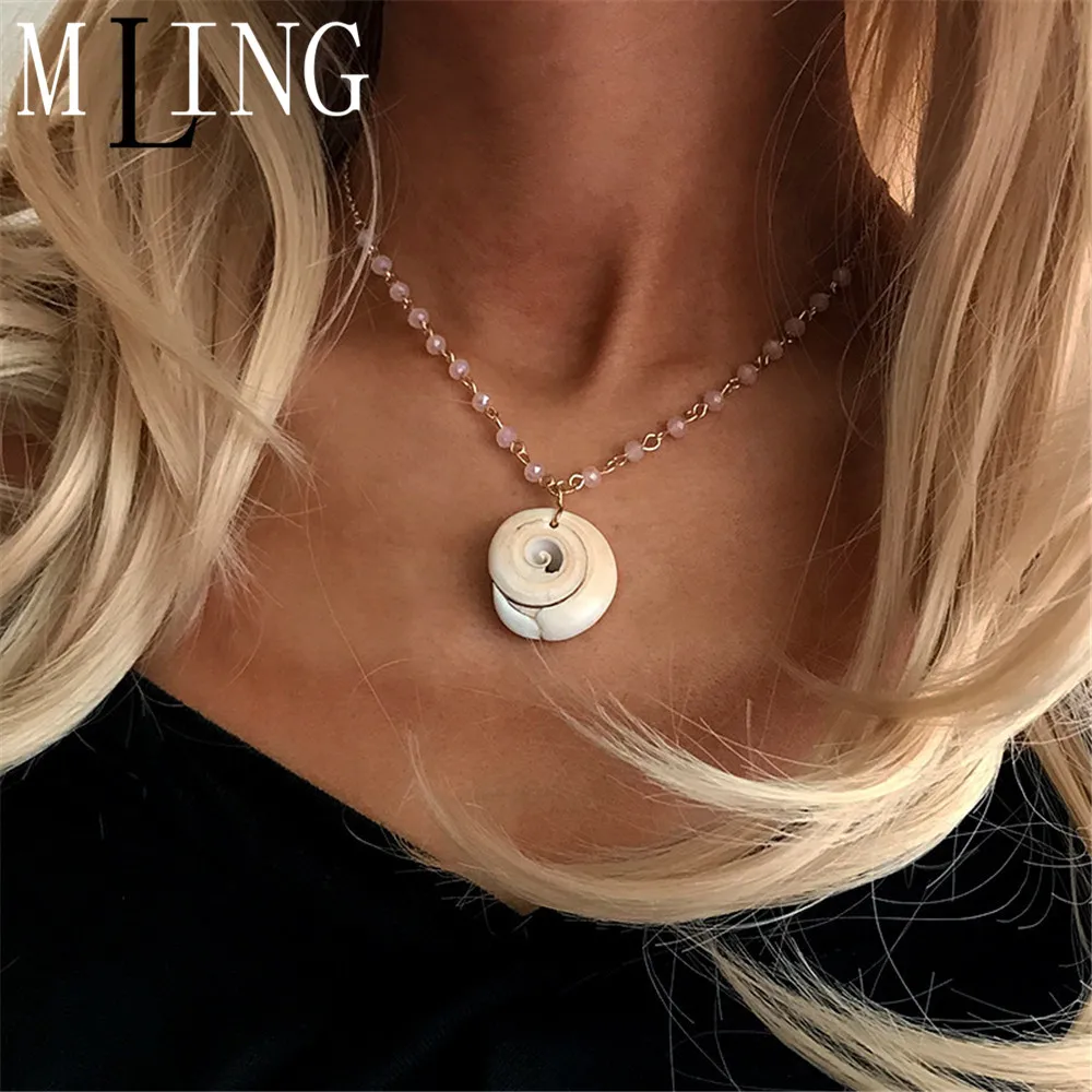 MLING Bohemian Natural Conch Pendant Necklace For Women Charm Pink Stone Fashion Ocean Jewelry | Украшения и аксессуары