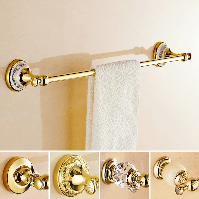 

Vintage Copper Ceramic Polished Towel Bar European Zirconium Gold Towel Rack Shelf Wall Mounted Bathroom Hardware sets ht3