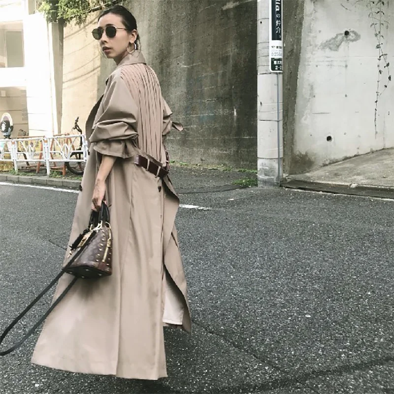 

2019 European Autumn Split Joint Windbreaker Woman New Pattern Overknee Long Loose Coat Patchwork Pleated Sashes Jacket