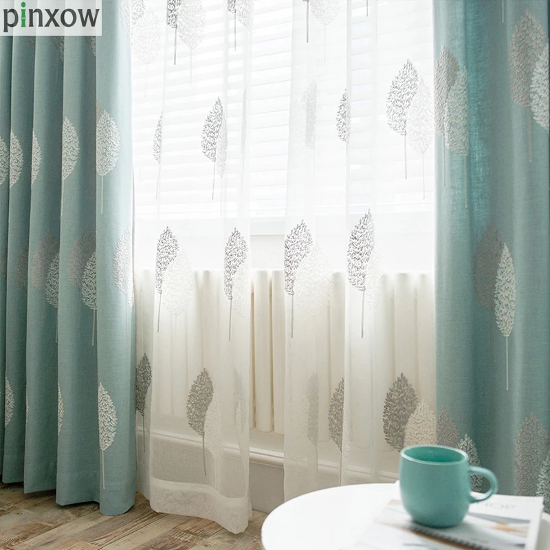 PINXOW Blue Embroidered Curtains For Living Room Leaves ...