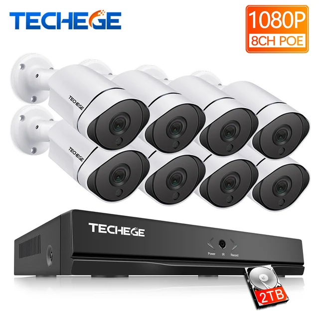 Techege 1080P 8CH Surveillance System 3000tvl PoE Kit 8CH PoE NVR 1080P IP Cameras PoE Waterproof Motion Detection Onvif RTSP
