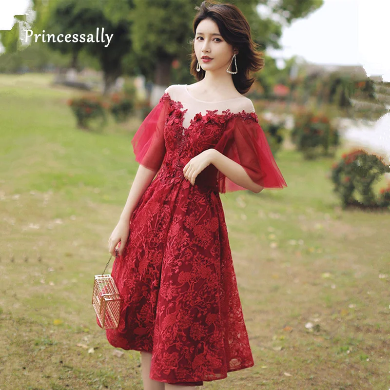 

New Lace Short Prom Gown Half Sleeve Appliques Beading Flowers Formal Graduation Birthday Homecoming Party Gown Vestidos De Gala