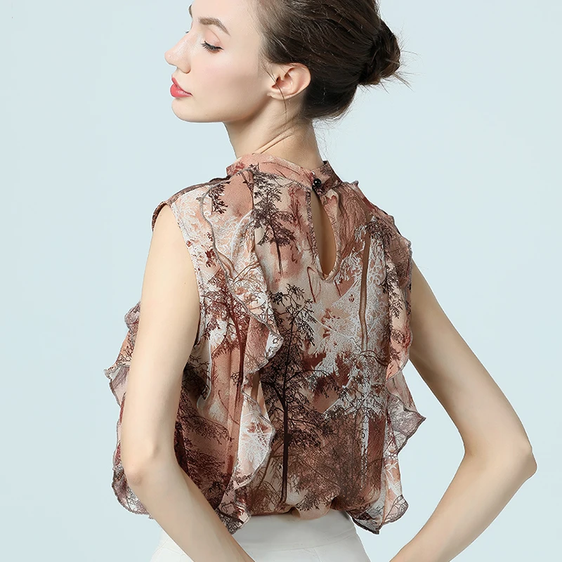 Women Ruffle Chiffon Brown Printed Blouse Round