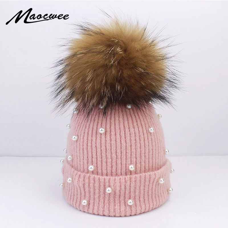 

Women Raccoon Fur Pompom Hat Cap With Pearl Autumn Winter Warm Crochet Wool Beanies Hat Female Adult Unisex Soft Solid Black Hat