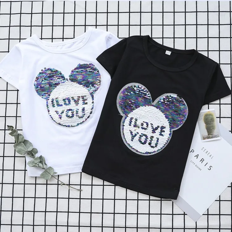 T-Shirts Cotton Girls Cool Things Cat Changing T Shirt Flip Sequin Shirt Reversible Sequin Kids Girls Tops 4