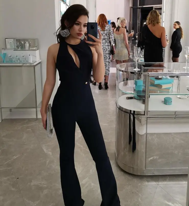 

Newest Summer Sexy O Neck Key Hole Black Bandage Jumpsuit 2019 Celebrity Designer Fashion Jumpsuit