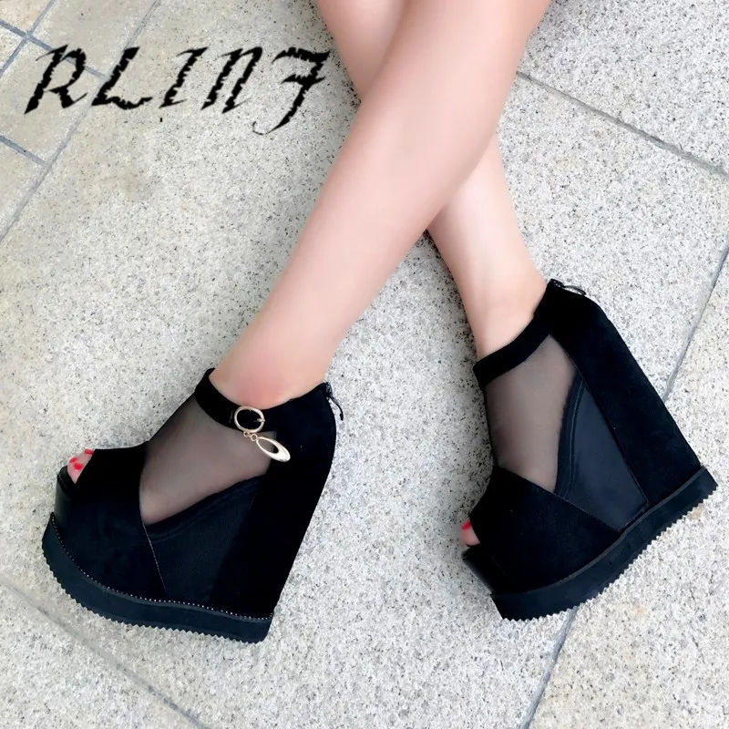 

RLINF New 15CM Muffin Platform Boots Increased Fish Mouth Hollow Women's Shoes