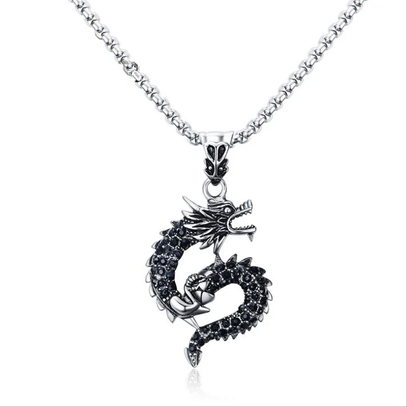 

Stainless Steel Black Rhinestone Dragon Pendant Steel Titanium Steel Dragon Personal Men's Pendant Necklace