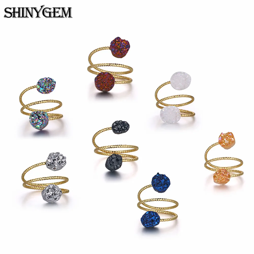 

New!! Natural Double Stone Druzy Ring Jewelry 24k Gold Plating Wire Wrapped Sparkly AB Titanium Druzy Agates Ring for Women Men