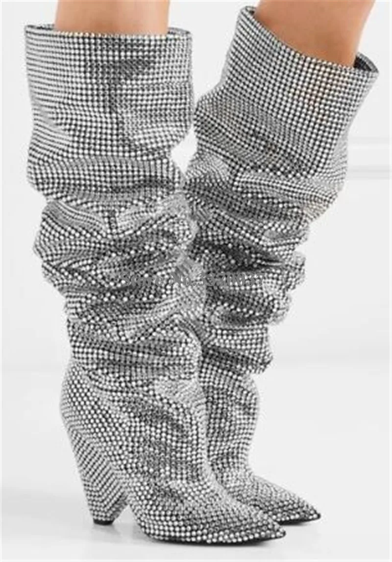 Newest Bling Bling Pointed Toe Rhinestone Thin Heel Over Knee Boots Ladies Shining Crystal High Heel Boots Wedding Club Shoes