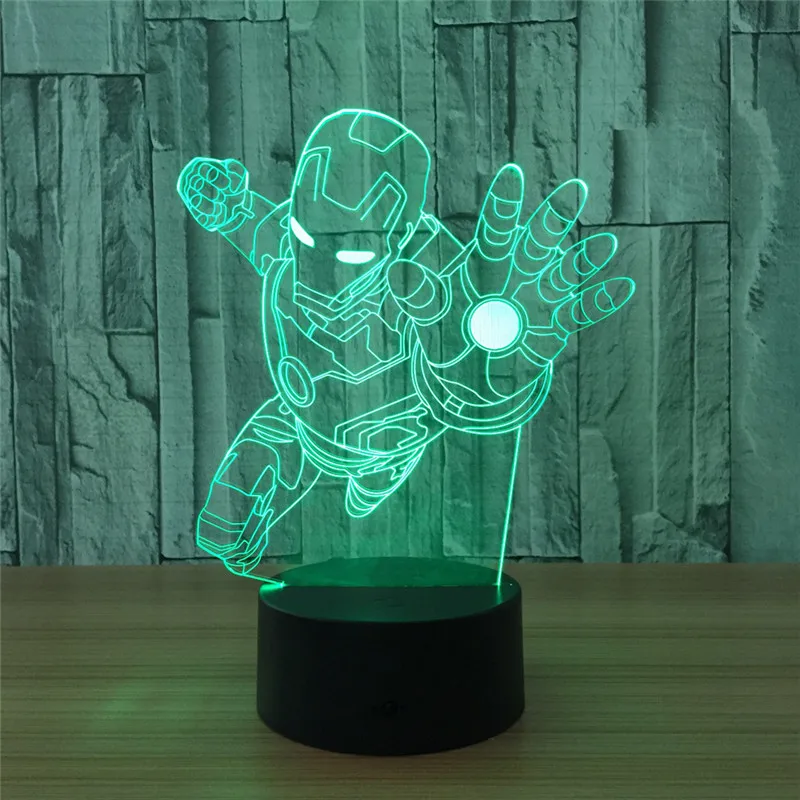 Супер герой 3D светодиодный ночной Светильник Железный человек лазерный Старт фигурку 7 цветов сенсорный оптический Иллюзия настольная лампа для дома краска на фоне