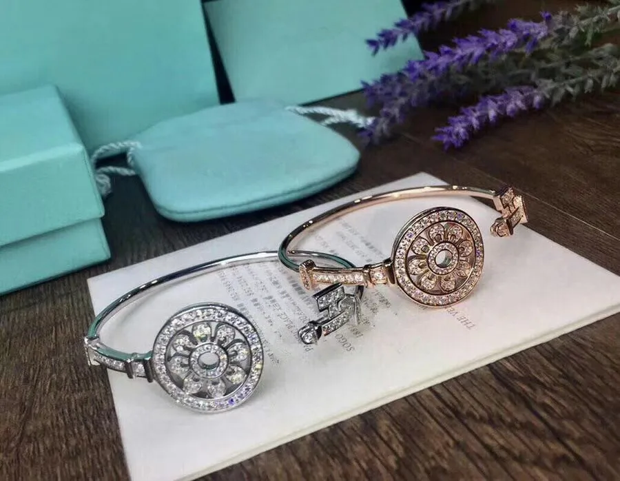 

2018 S925 pure sterling silver New elastic key Bracelet sun flower key bracelet bangles full CZ silver bracelet fine top quality