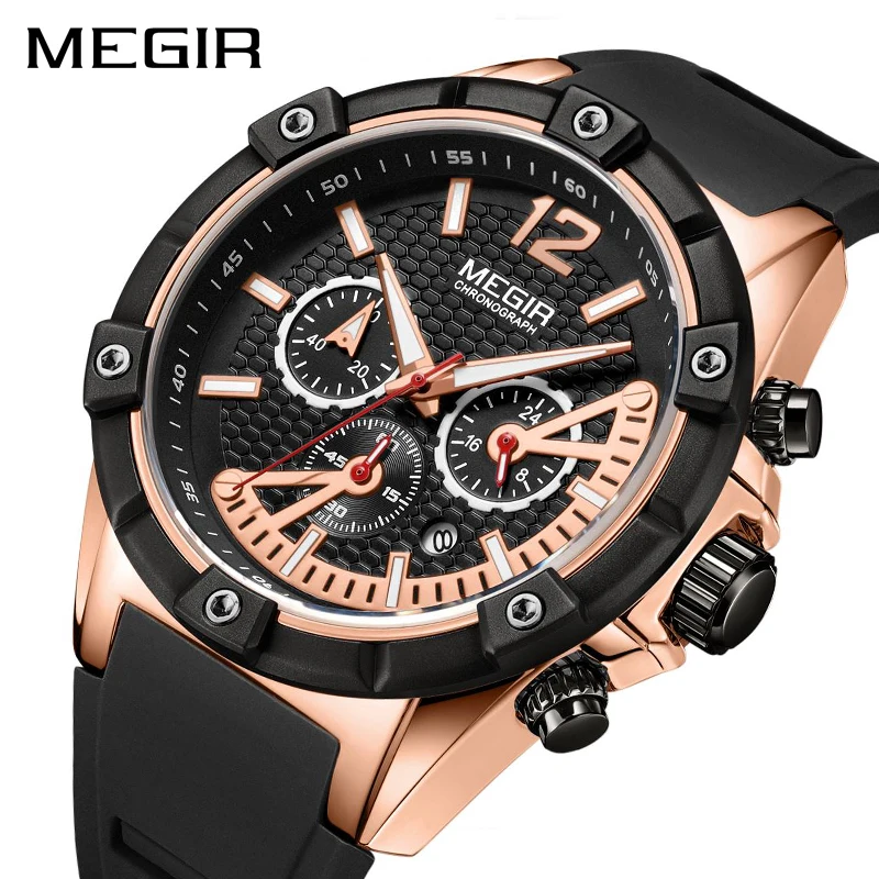 Мужские часы megir Quartz из розового золота светящиеся водонепроницаемые спортивные