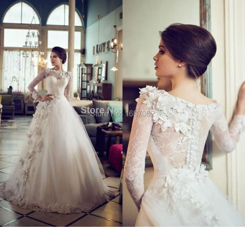 2015 Long Sleeves Boat Neck Tulle Princess Wedding Dresses Flowers