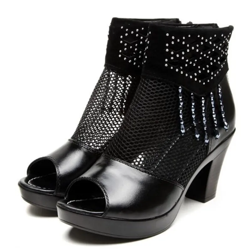 001 Tacón Vaca Zapatos Black Botas Moda De Pez Famosa Malla Tobillo 002 Cabeza 2018 black Piel Sandalias Sexy Mujer black Alto Verano 003 6Uwq6xf