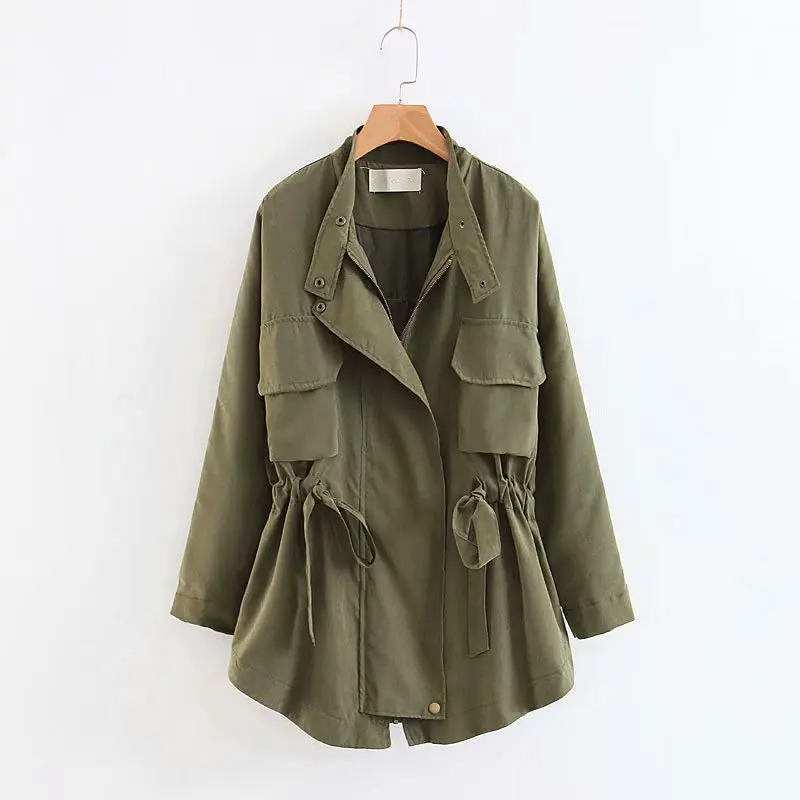 

2019 Women Spring Autumn Long Sleeve Drawstring Outerwear Long Trench Coat