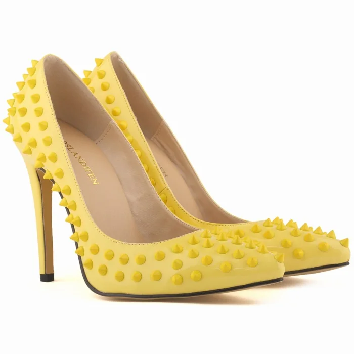 Туфли на высоком каблуке с красной подошвой и заклепками; женские классические туфли-лодочки с острым носком; Туфли на каблуке 11 см с закрытым носком для свадебной вечеринки - Цвет: yellow