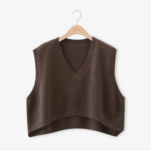 V Neck Cropped Sweater Vest Women Short Sleeveless Sweaters Fallin