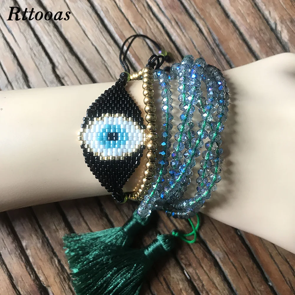 

Rttooas Evil Eye Lucky Bracelet for Women Fashion Summer Street Style Crystal Beads Bracelet MIYUKI Delica Seed Beads Bracelet
