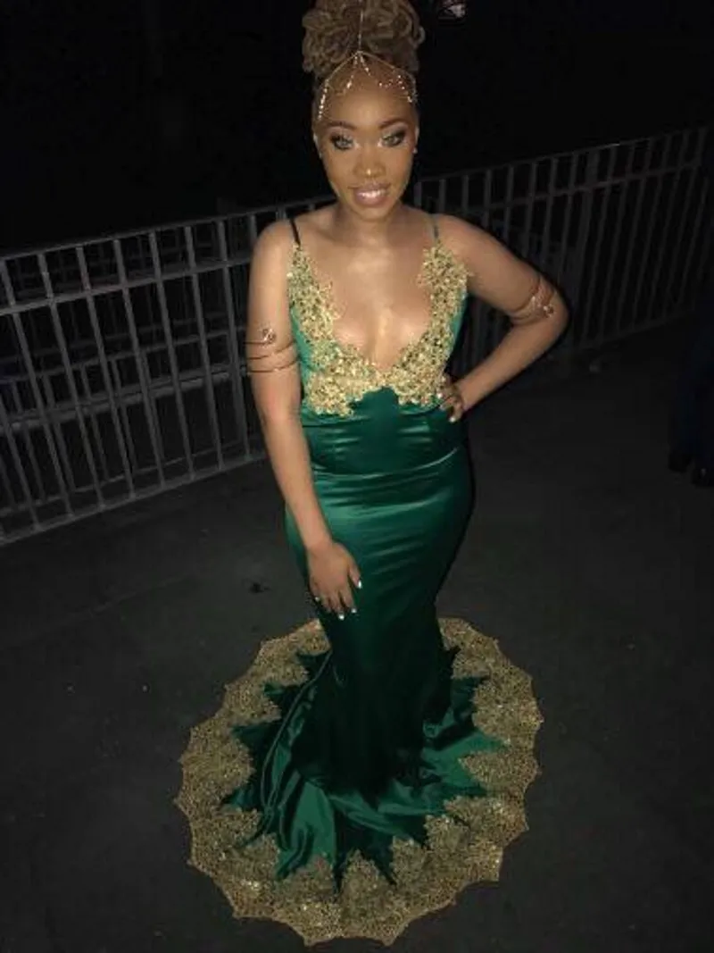 Emerald Green Prom Dress With Gold Appliques Lace Sexy Bust Party